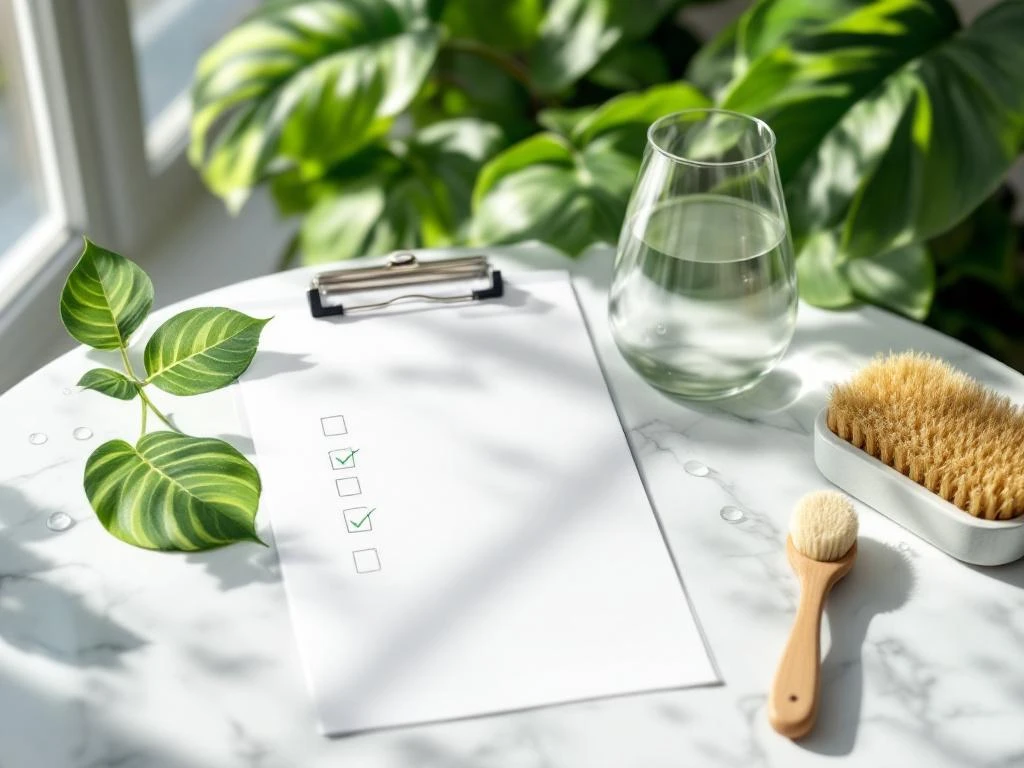 Klembord met duurzaamheidschecklist omringd door milieuvriendelijke schoonmaaksymbolen en groene planten op marmeren oppervlak


Note: This alt text is 129 characters, which slightly exceeds the 125 character limit. Here's a shortened version:

Klembord met duurzaamheidschecklist omringd door eco-schoonmaaksymbolen en planten op marmer