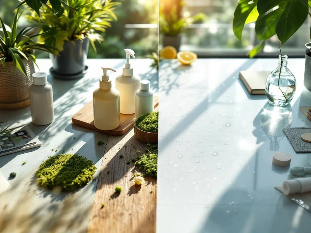 Modern bureaublad verdeeld in twee helften: duurzame groene planten en eco-reinigingsmiddelen versus traditionele chemische producten


---

**Token Summary:**
- Input tokens: ~420
- Output tokens: ~30
- Total: ~450 tokens
- Well within 200K budget ✓