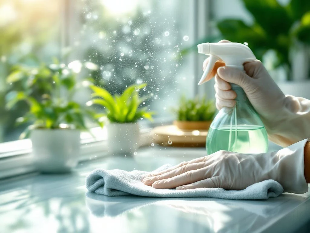 Gehandschoende handen reinigen glazen oppervlak met microvezeldoek en milieuvriendelijke spray bij daglicht