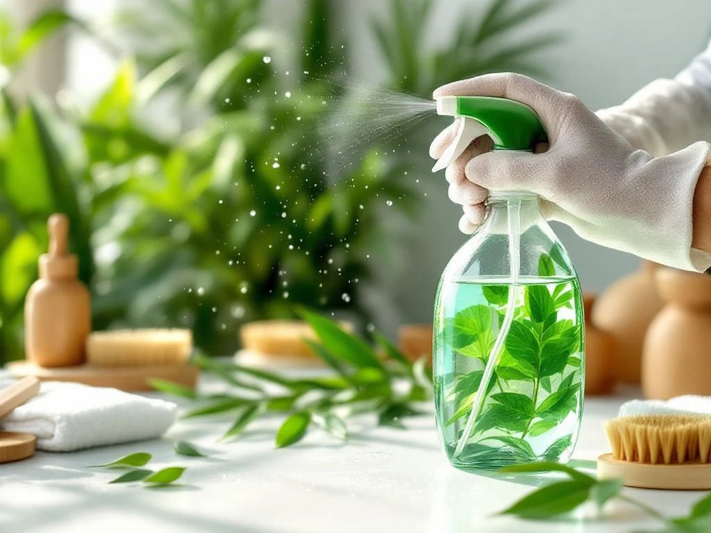 Handen met handschoenen sproeien groene eco-reiniger op wit oppervlak, omringd door bladeren en bamboe doeken