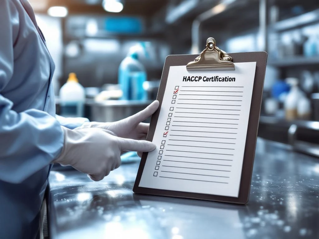 Professionele handen met handschoenen houden HACCP-checklist boven roestvrijstalen keukenoppervlak in commerciële keuken