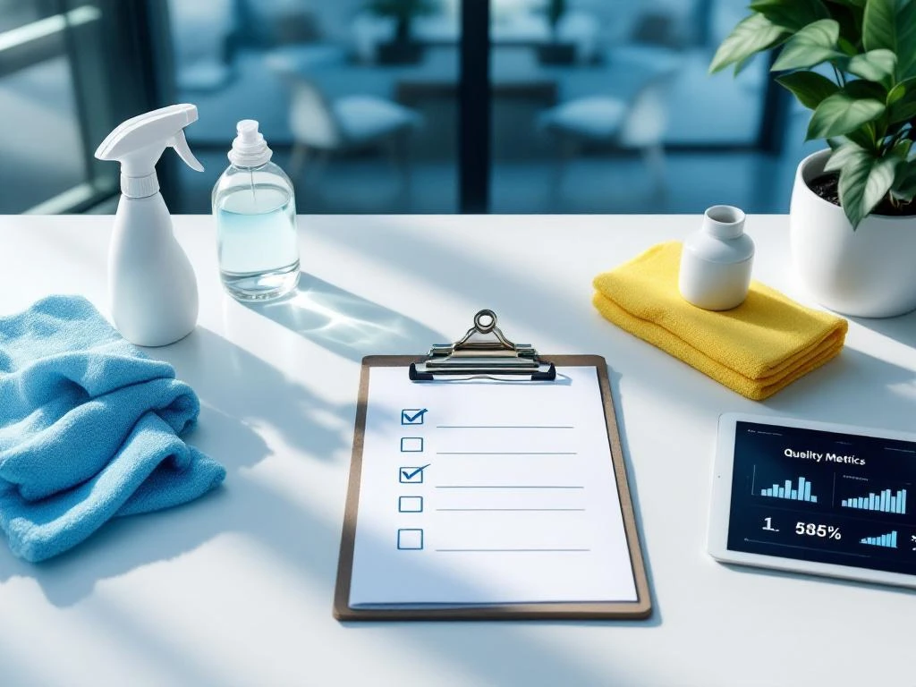 Klembord met checklist op schoon kantoorbureau omringd door schoonmaakspullen en tablet met kwaliteitsmetrics