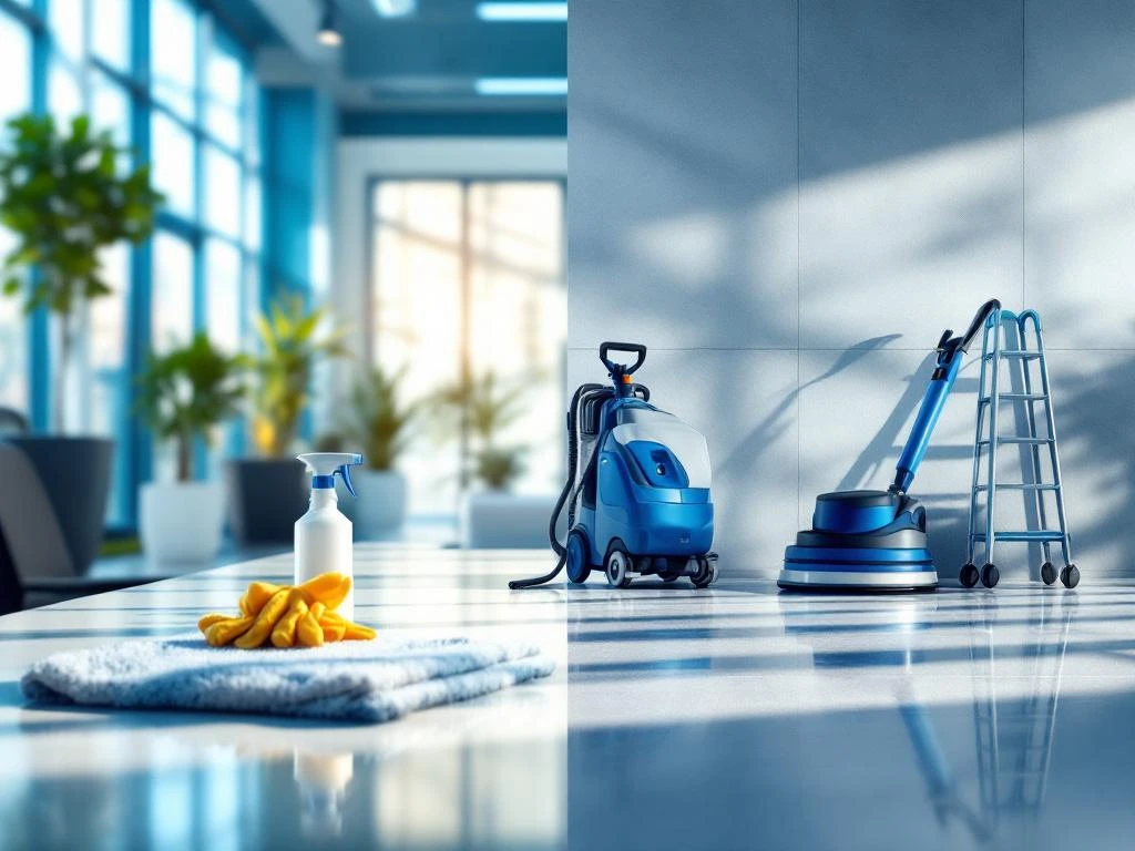 Gesplitst beeld van dagelijks onderhoud met microvezeldoek en professionele dieptereiniging in modern kantoor