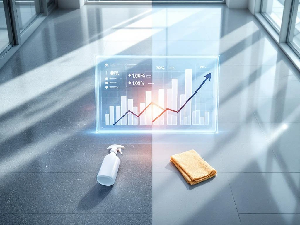 Vergelijking schone en stoffige kantoorruimte met digitaal dashboard dat prestatiemetingen toont en schoonmaakmiddelen