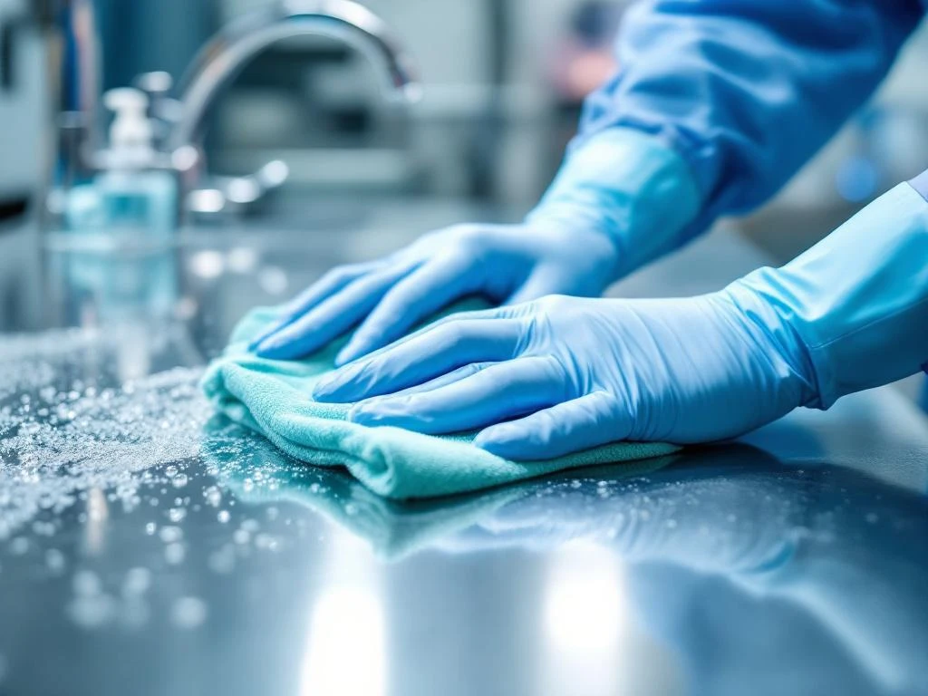 Gehandschoende handen reinigen roestvrijstalen ziekenhuisoppervlak met microvezeldoek en desinfectiespray