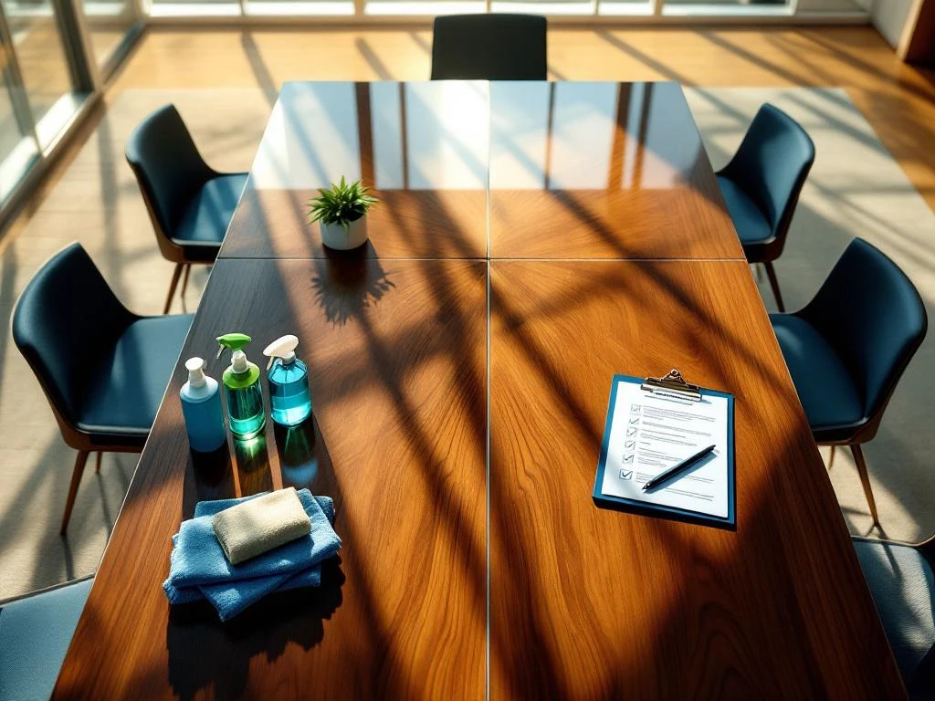 Moderne bestuurskamer met professionele schoonmaakapparatuur en kwaliteitscontrole documenten op walnoten tafel