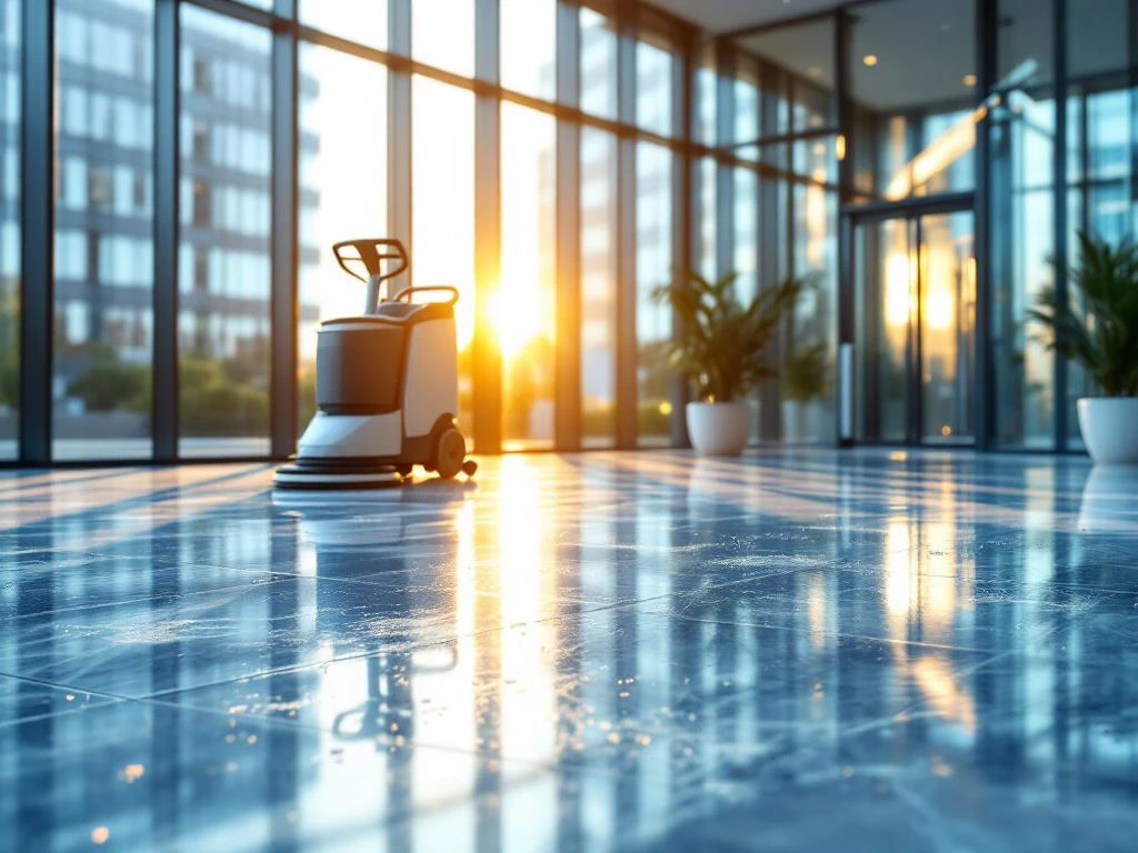 Moderne kantoorruimte met glanzende marmeren vloer, schoonmaakapparatuur en zonlicht door glazen wanden


---

**Token usage note:** This response is intentionally concise as requested. If you need a longer version or adjustments, please let me know.