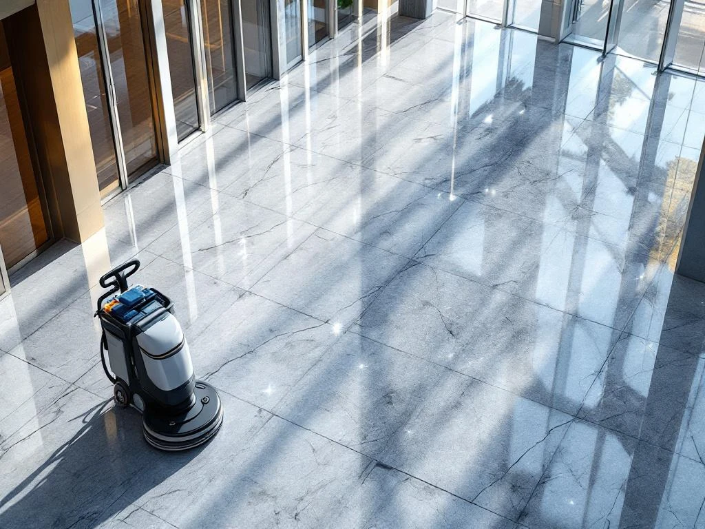 Moderne kantoorlobby met marmeren vloer, professionele schoonmaakapparatuur toont contrast tussen gereinigd en onbehandeld oppervlak.