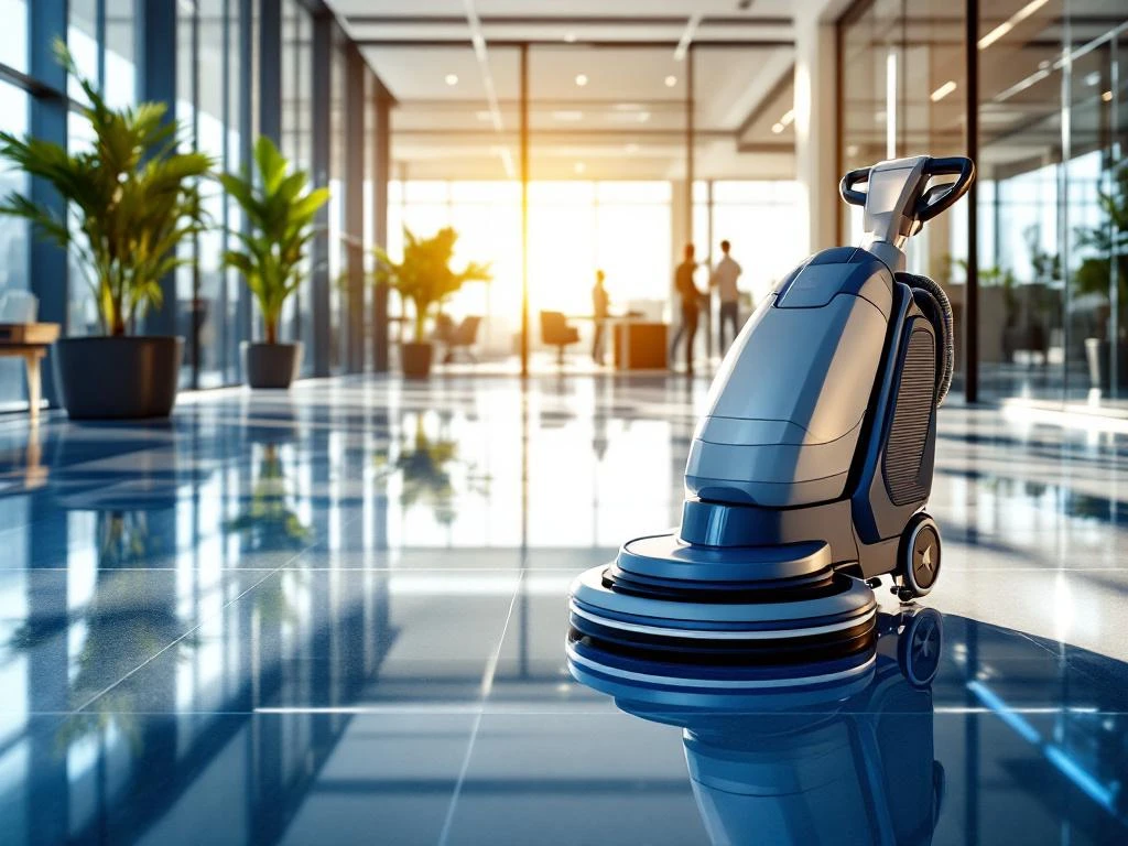 Professionele vloerpolijstmachine in modern kantoor met spiegelende vloeren en natuurlijk zonlicht