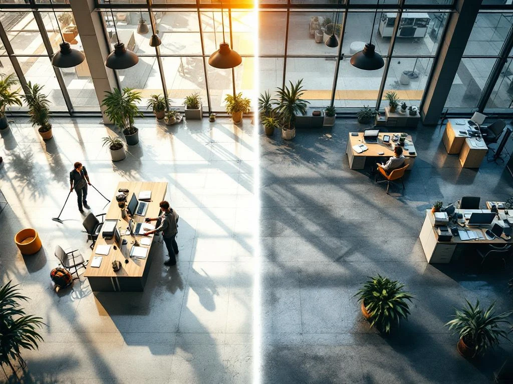 Vogelperspectief van modern kantoor: schone versus verwaarloosde helft met professionele schoonmaakapparatuur


---

**Character count: 115**