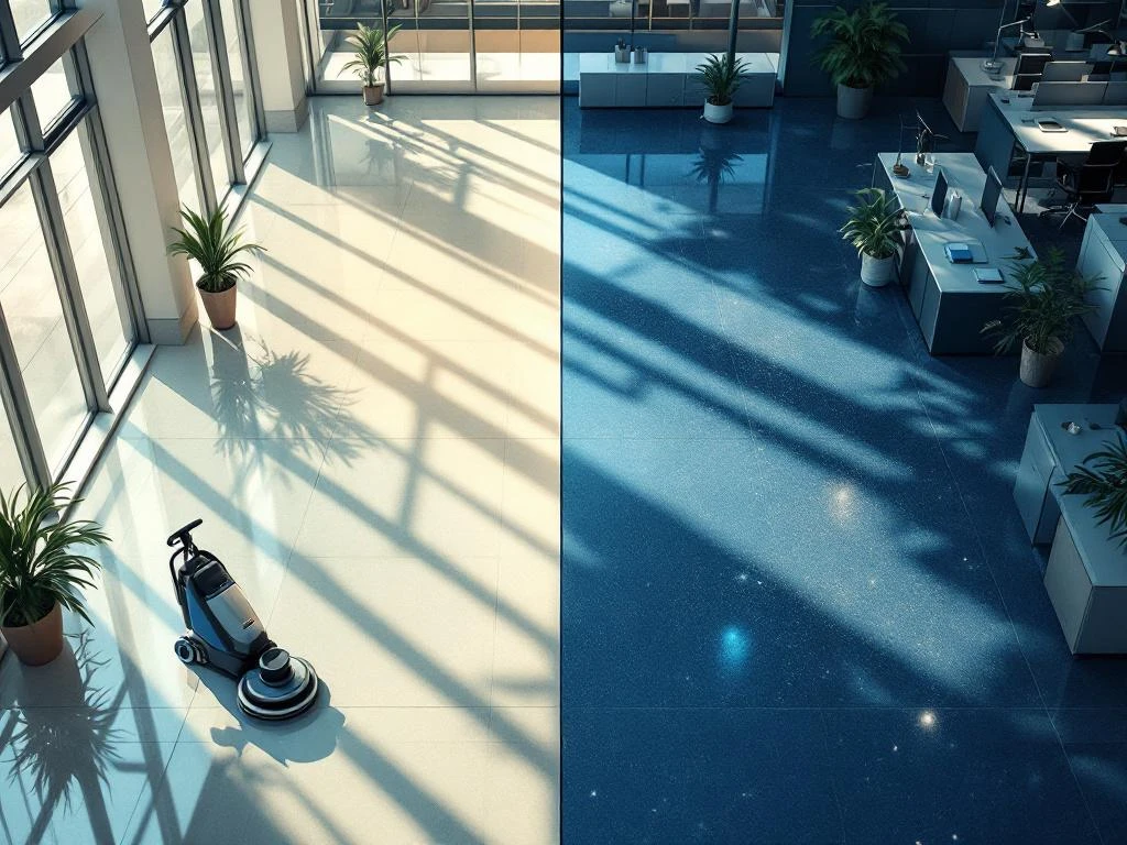 Vogelvluchtfoto van modern kantoor met voor-en-na vergelijking van professionele schoonmaakdiensten