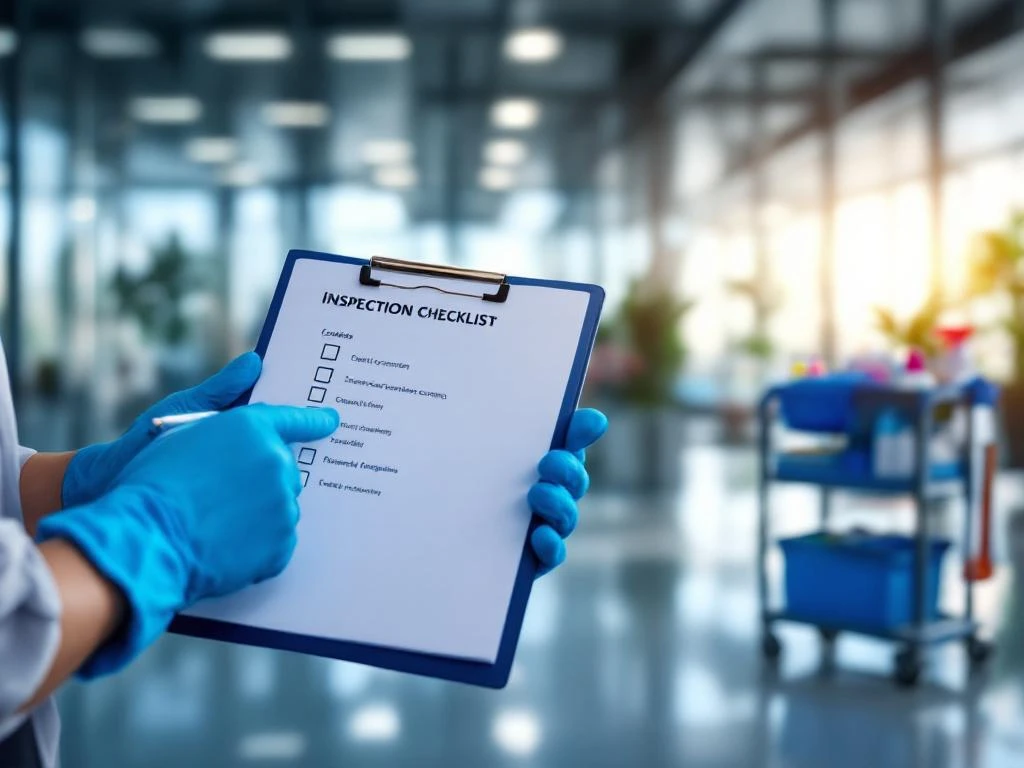 Handen in blauwe schoonmaakhandschoenen met inspectiechecklist in modern kantoor met schoonmaakkar en glanzende vloeren