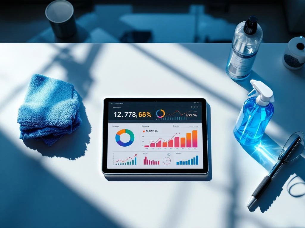 Tablet met prestatie-analyses en professionele schoonmaaktools op modern bureau met natuurlijk licht