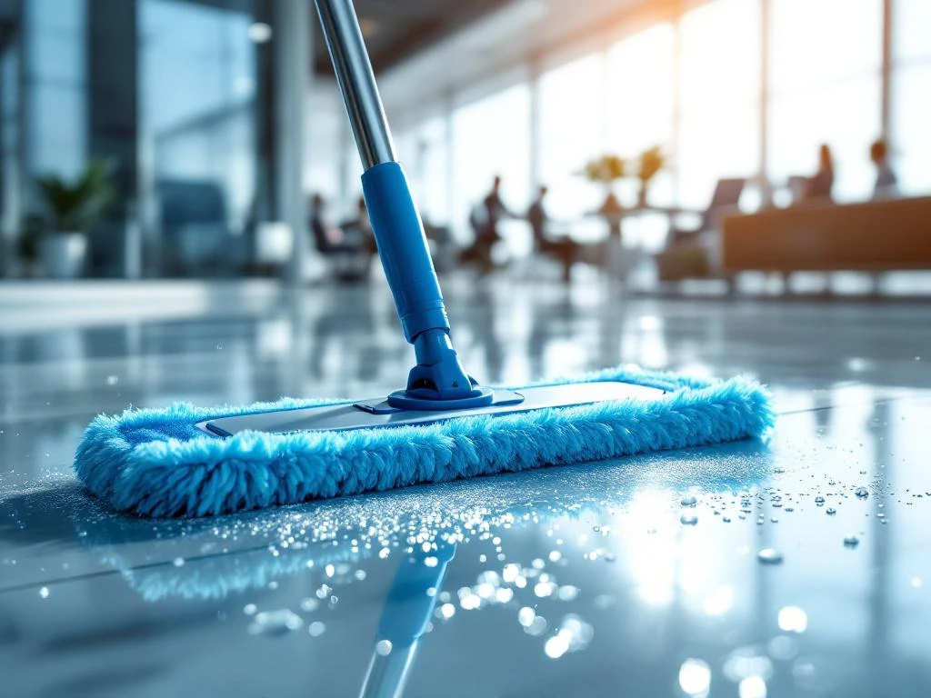 Professionele mop reinigt glanzende vloer met reflecties, voor-en-na effect toont schoonmaakresultaat
