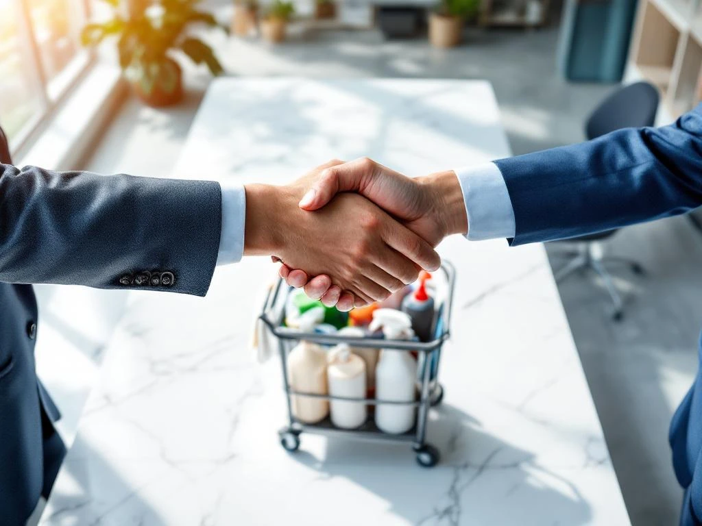 Zakelijke handdruk boven conferentietafel met professionele schoonmaakwagen in modern kantoor