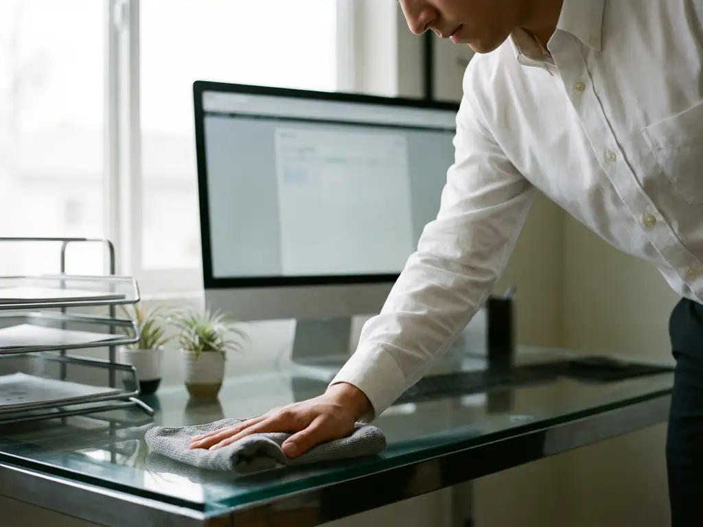 Persoon in wit overhemd reinigt glazen bureau met microvezeldoek in moderne kantoorruimte met planten