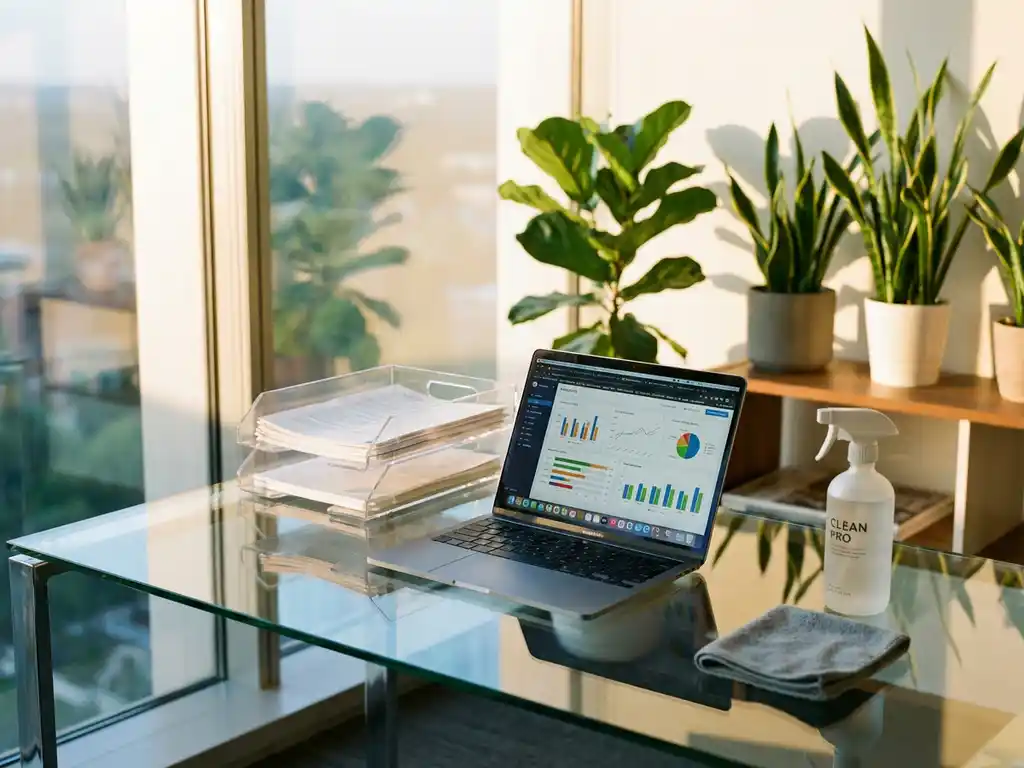 Schone moderne kantoorwerkplek met glazen bureau, laptop met grafieken, planten en natuurlijk licht door ramen