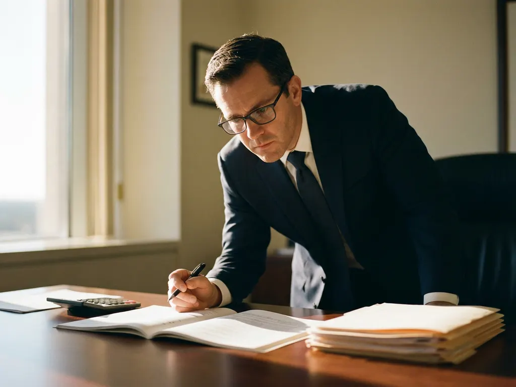 Zakenman in pak bekijkt contract aan bureau met calculator en documenten in kantoor met natuurlijk licht