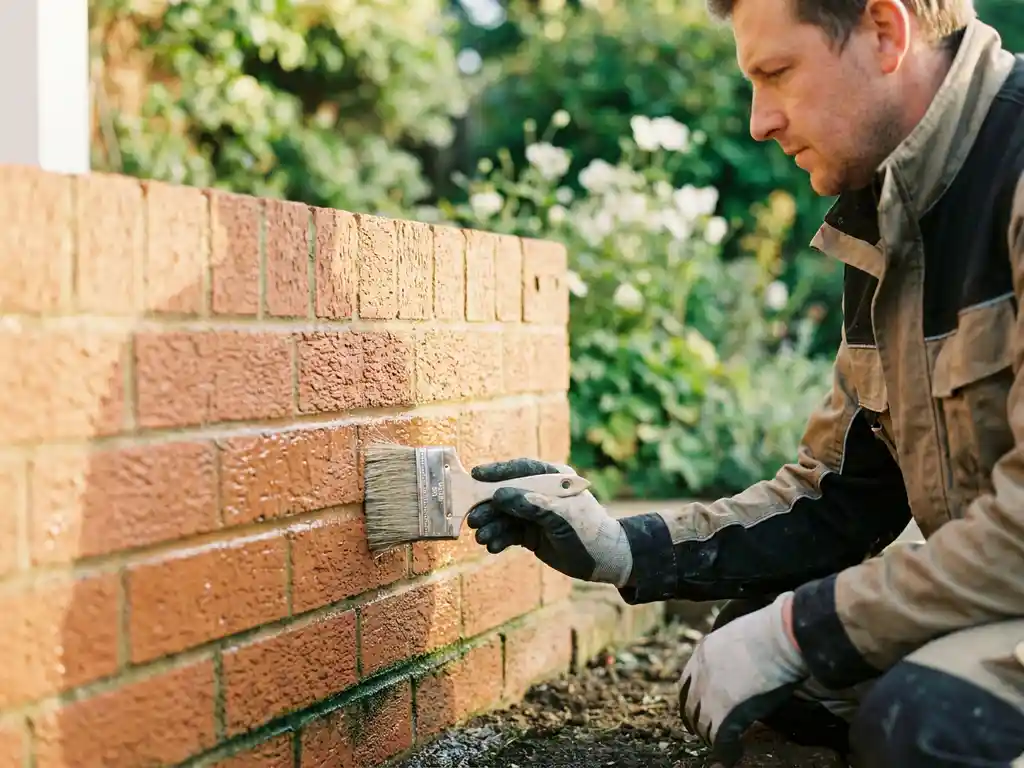 Professioneel aanbrengen van beschermende coating op terracotta bakstenen muur met groene alg langs de basis, tuin op achtergrond.