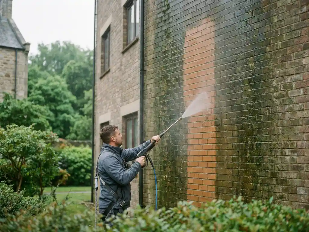 Gevelreiniger verwijdert mos van bakstenen gevel met lagedrukspuit, terracotta oppervlak zichtbaar onder jaren vuil.