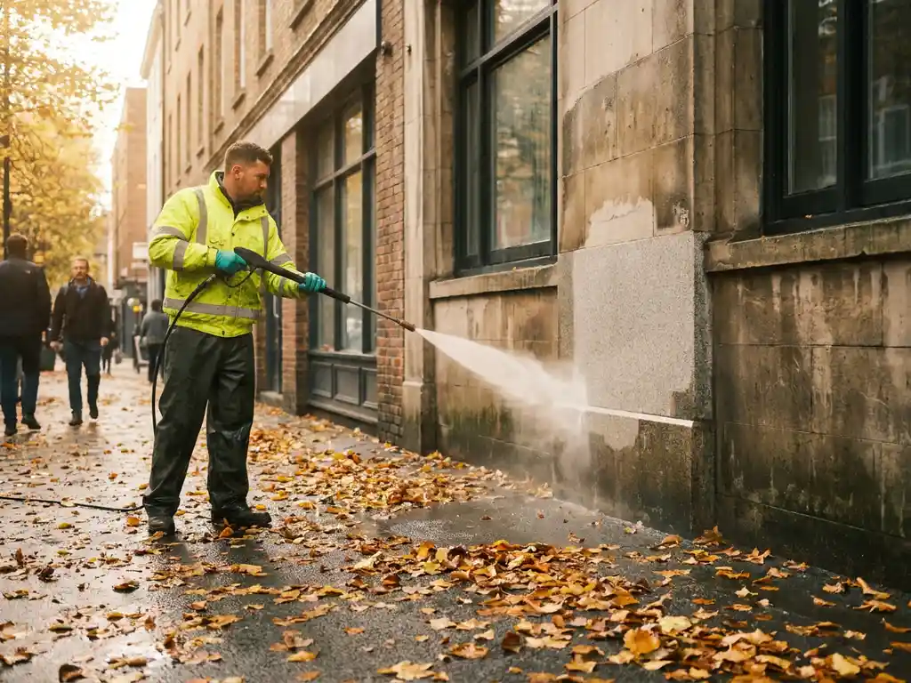 Vakman reinigt verweerde gevel van commercieel pand met hogedrukreiniger, gouden herfstbladeren op nat plaveisel.