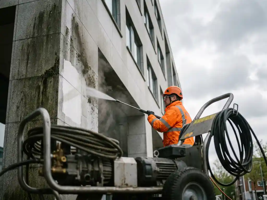 Reinigingstechnicus reinigt vervuilde gevel van commercieel gebouw met hogedrukreiniger, zichtbaar contrast tussen schoon en vuil steen.