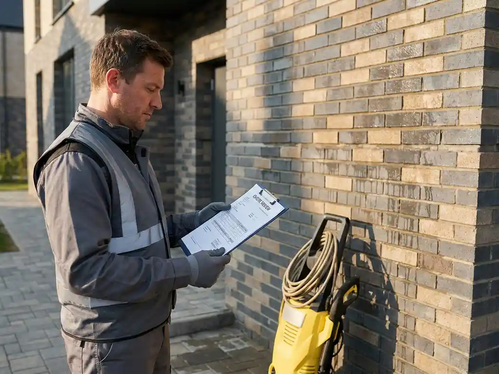 Reinigingstechnicus bekijkt offertedocument op klembord voor pas gereinigde moderne bakstenen gevel met hogedrukreiniger.