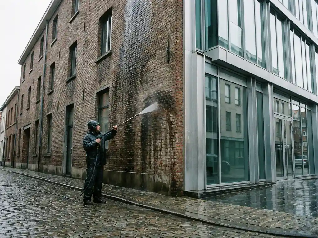 Gevelreiniger met hogedrukreiniger op verweerde bakstenen gevel, moderne glazen kantoorgevels zichtbaar op natte kinderkopjes in diffuus daglicht.