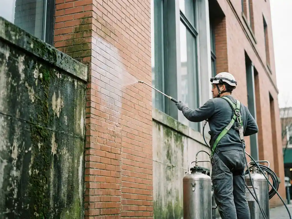 Gevelreiniger brengt beschermende coating aan op verweerde bakstenen gevel, met zichtbaar verschil tussen behandeld en onbehandeld metselwerk.