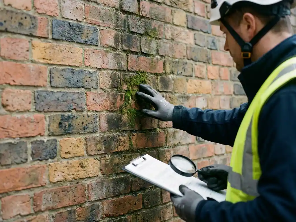 Gevelreiniger inspecteert verweerde bakstenen gevel met clipboard, zichtbare mosgroei en verkleuringen op terracotta metselwerk.