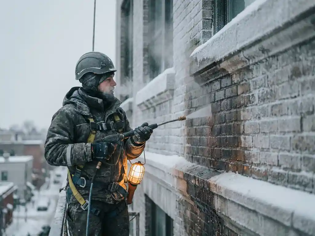 Gevelreiniger in winterkleding die een bevroren bakstenen gevel hogedrukreinigt, met zichtbare condenasadem en sneeuw op richels.