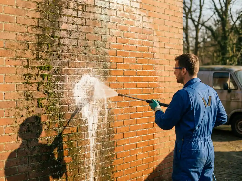 Reinigingstechnicus die met zachte lagedrukspray mos en vuil van verweerde bakstenen gevel verwijdert, helft zichtbaar schoon.