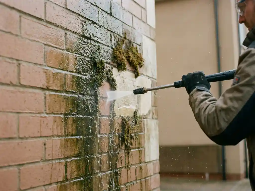 Reinigingsspecialist die met hogedrukreiniger groene algen en mos van bakstenen buitenmuur verwijdert, water stroomt over nat oppervlak.