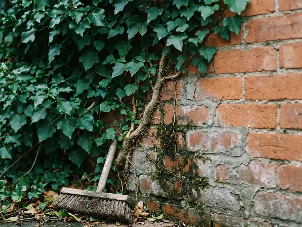 Klimop die zich vasthecht in voegwerk van verweerde bakstenen muur, met vochtplekken en afbrokkelend metselwerk, reinigingsborstel aan de voet.