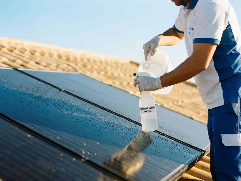 Technicus vult spuitfles met gedemineraliseerd water naast glanzende zonnepanelen op zonnig dak.