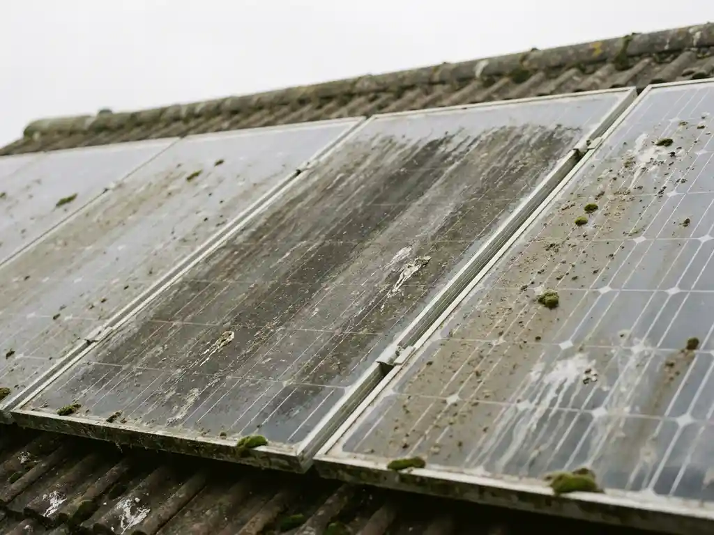 Vervuilde zonnepanelen op een dak bedekt met stof, vogelpoep en groene mosvorming, één paneel merkbaar donkerder dan de rest.