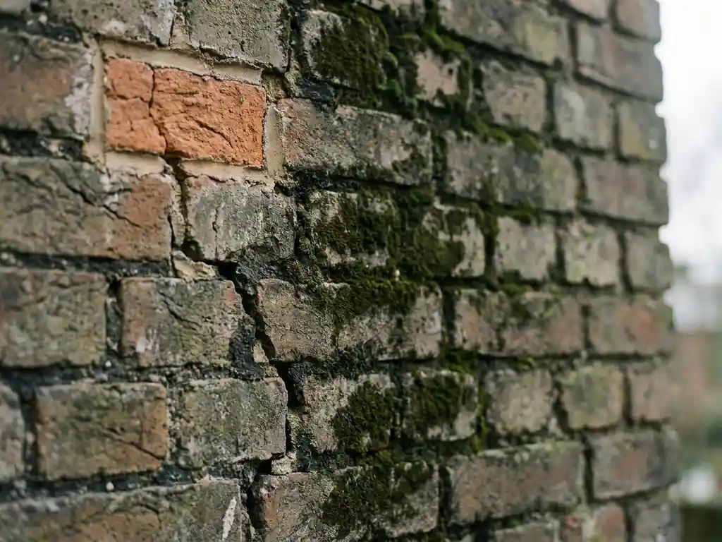 Verweerde bakstenen gevel met diepe scheuren, mosgroei en afbrokkelend voegwerk, met een klein schoon gedeelte dat de originele terracottakleuren toont.