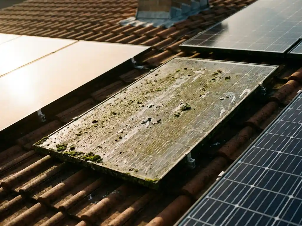 Vervuild zonnepaneel bedekt met mos, vogelpoep en vuil tussen schone glanzende panelen op terracotta dakpannen in middagzon.