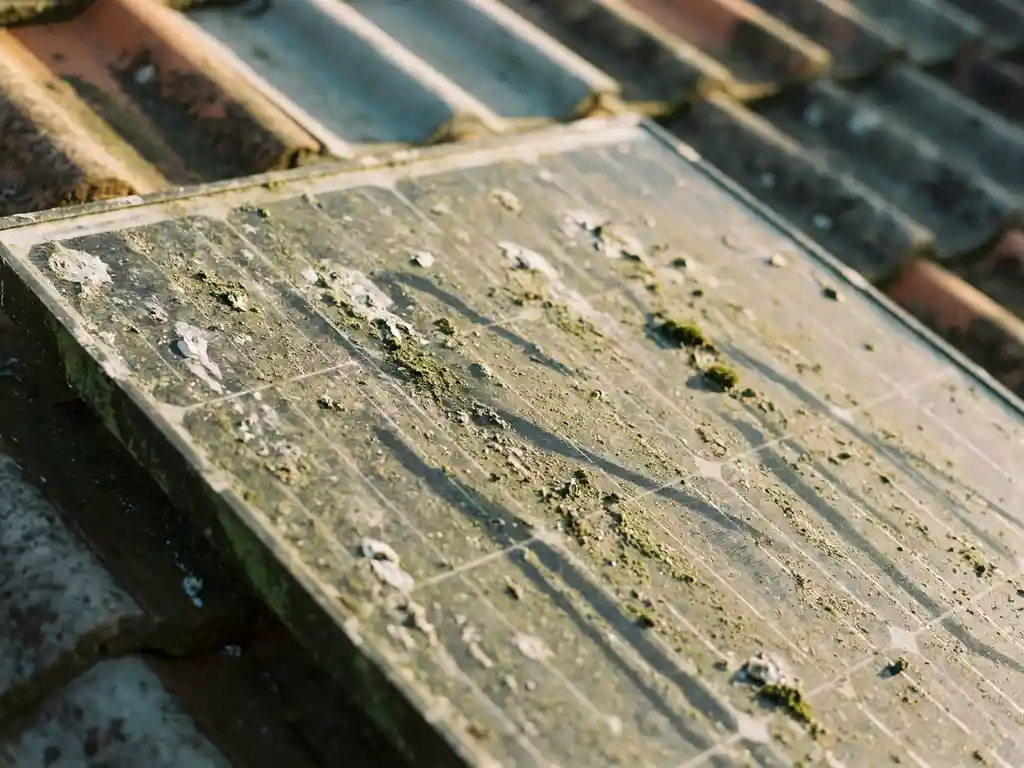 Vervuild zonnepaneel bedekt met vogelpoep, groene mosvorming en vuil, belicht door middagzon die de vervuiling benadrukt.