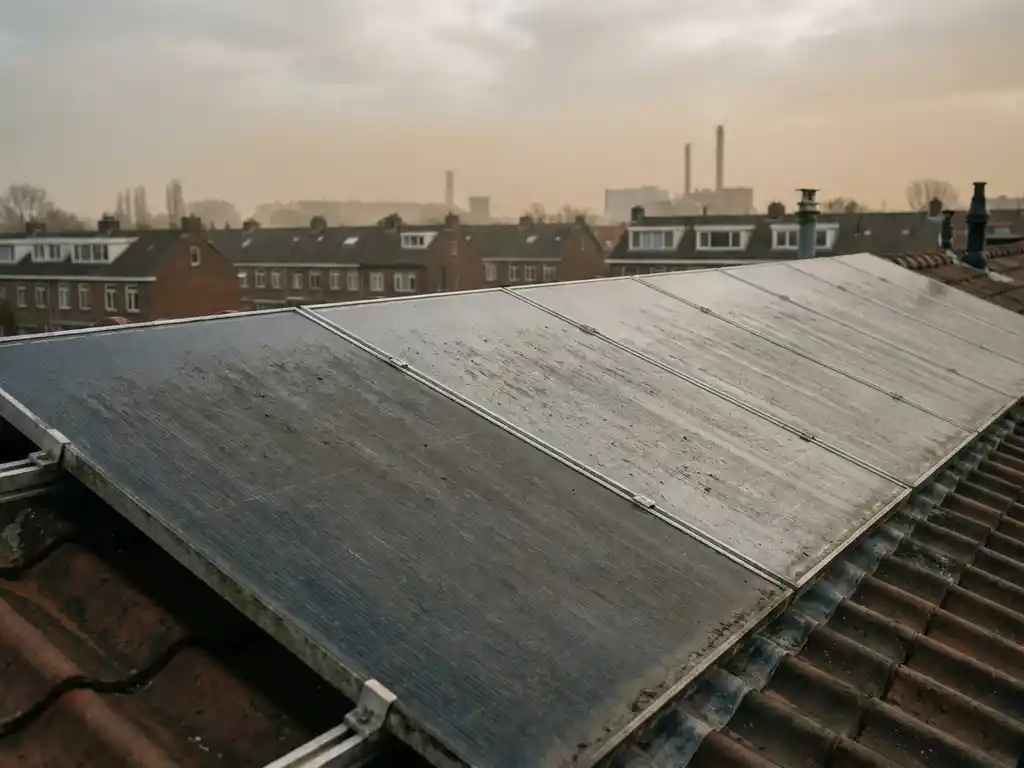 Stoffige zonnepanelen op een Nederlands dak, één paneel zichtbaar donkerder door vuil en stedelijke neerslag, industriële nevel op de achtergrond.
