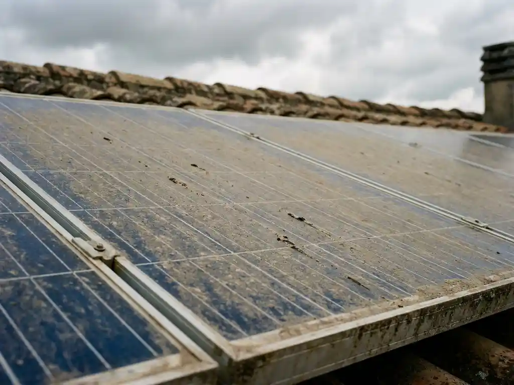 Zonnepanelen op dak bedekt met dikke laag grijs stof, waardoor het blauwe oppervlak vervaagt en de efficiëntie vermindert.