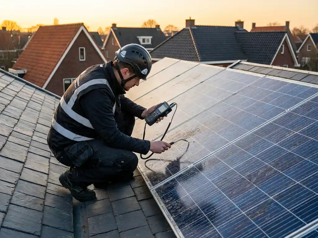 Technicus inspecteert zonnepanelen op Nederlands woonhuis dak tijdens gouden uur, met meetinstrument op vuil en oppervlakteschade.