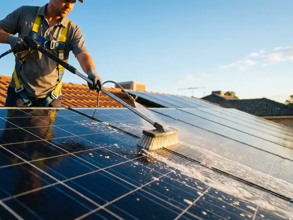 Vakman reinigt zonnepanelen op zonnig dak met zachte borstel en waterstraal, blauwe lucht op de achtergrond.