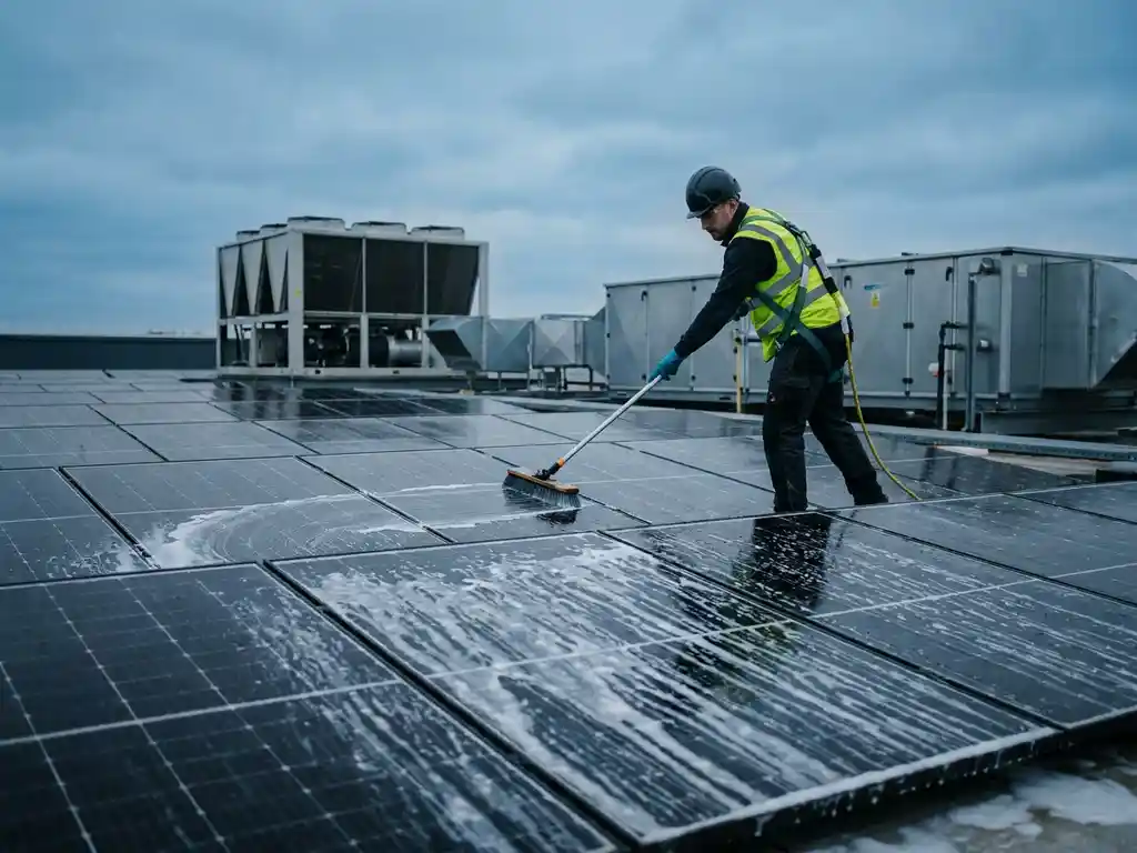 Vakman in veiligheidsuitrusting reinigt commerciële zonnepanelen op plat dak met langstelige borstel en zeepwater.
