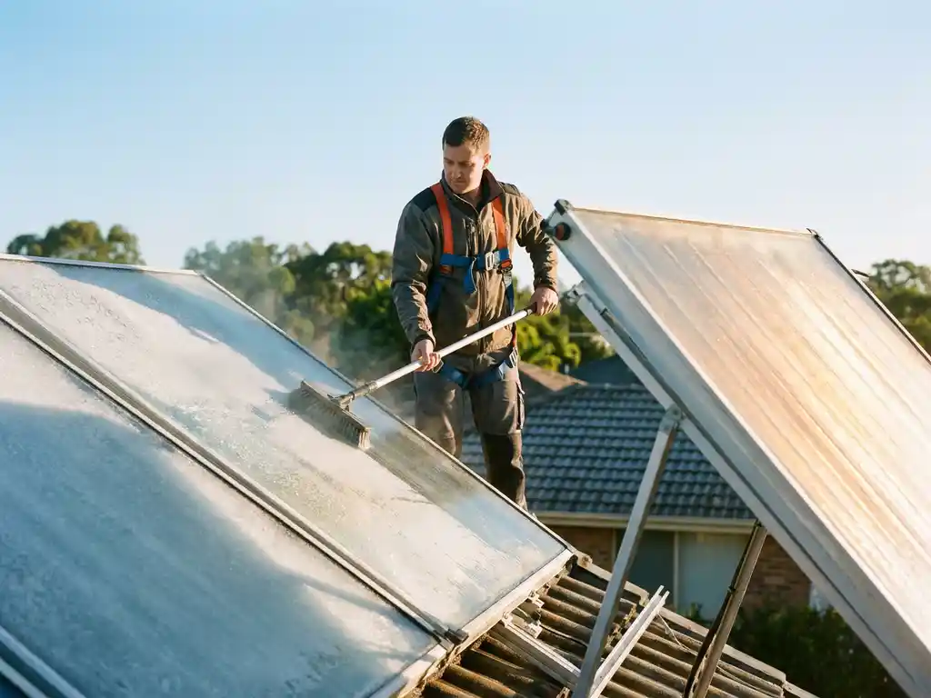 Technicus reinigt zonnepanelen op dak, één paneel berijpt, ander glanzend in zomers zonlicht, blauwe lucht op achtergrond.