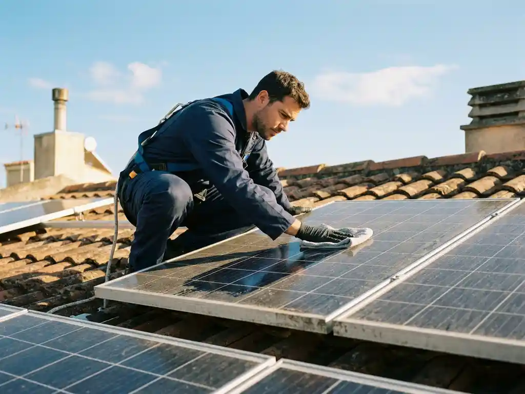 Vakman reinigt zonnepanelen op een dak met een doek, zichtbaar schoon glasoppervlak in warm middagzonlicht.