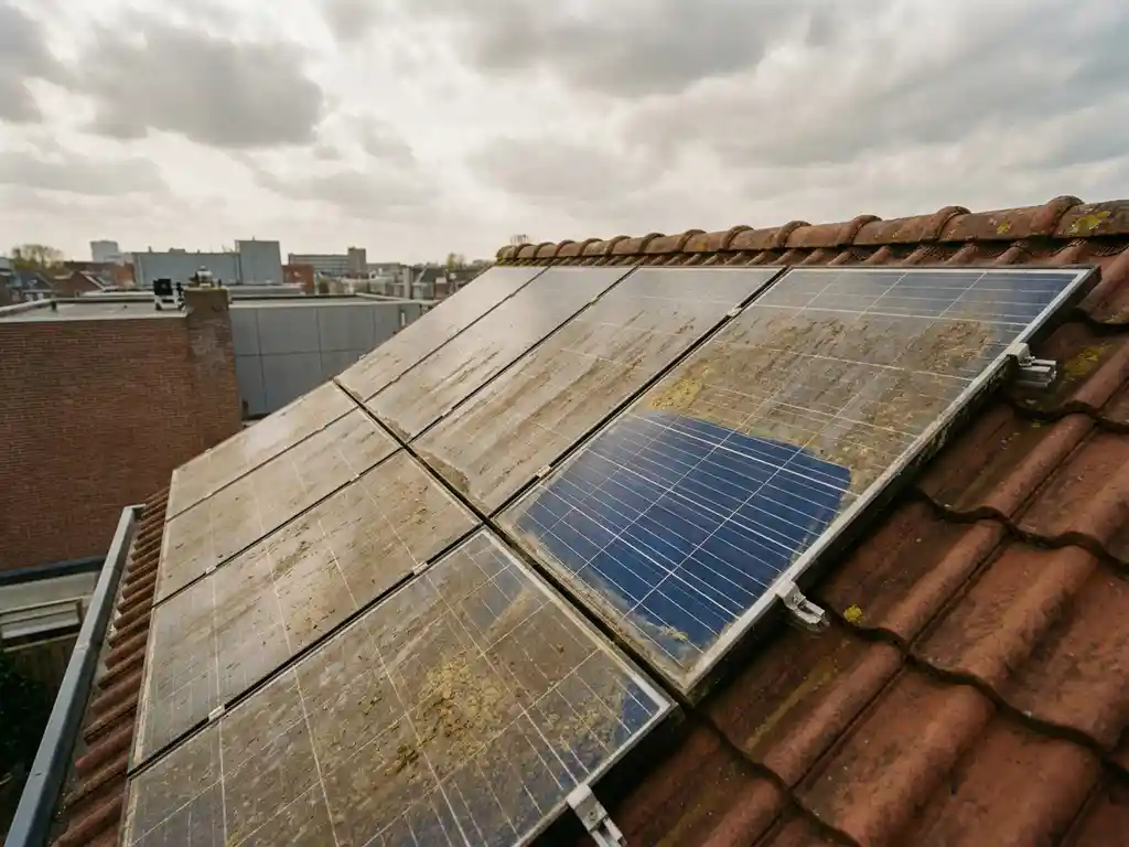 Vuile zonnepanelen op een woonhuisdak met zichtbaar stof en pollen, één paneel gedeeltelijk schoongeveegd met zichtbare blauwe cellen.