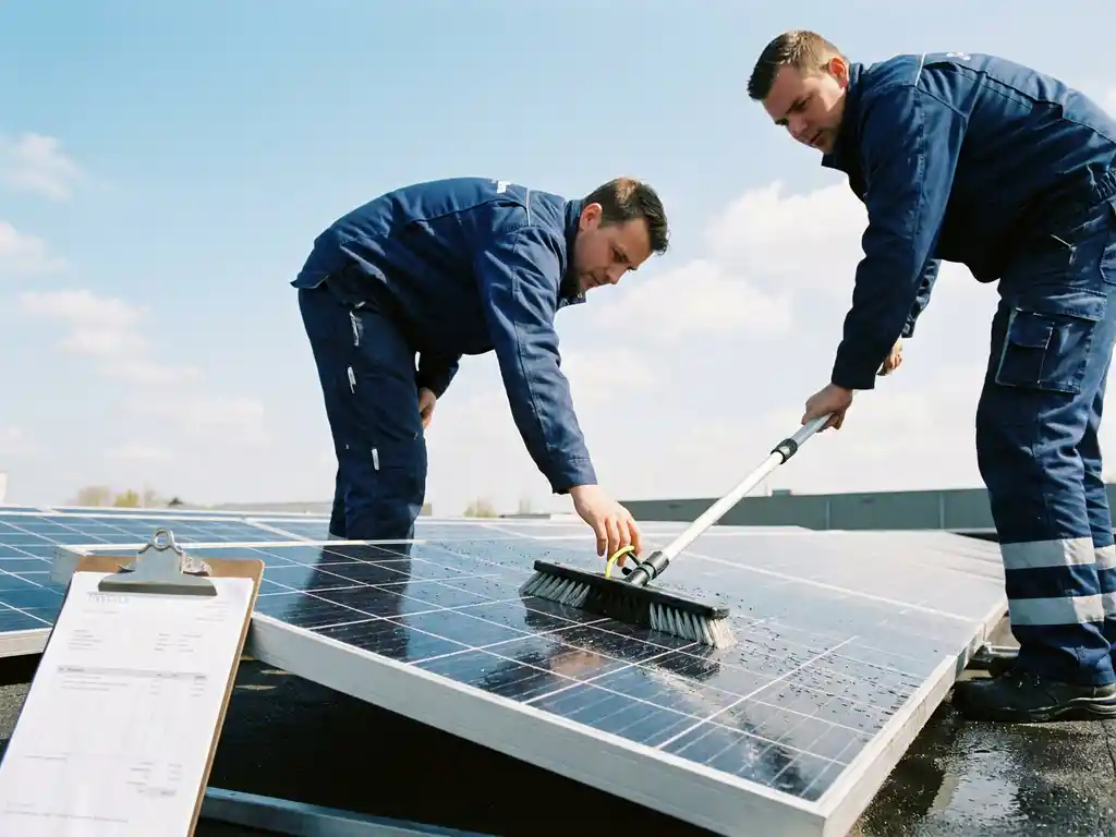 Technicus in blauwe werkkleding reinigt zonnepanelen op commercieel dak met langstelige borstel, clipboard met facturen ernaast.
