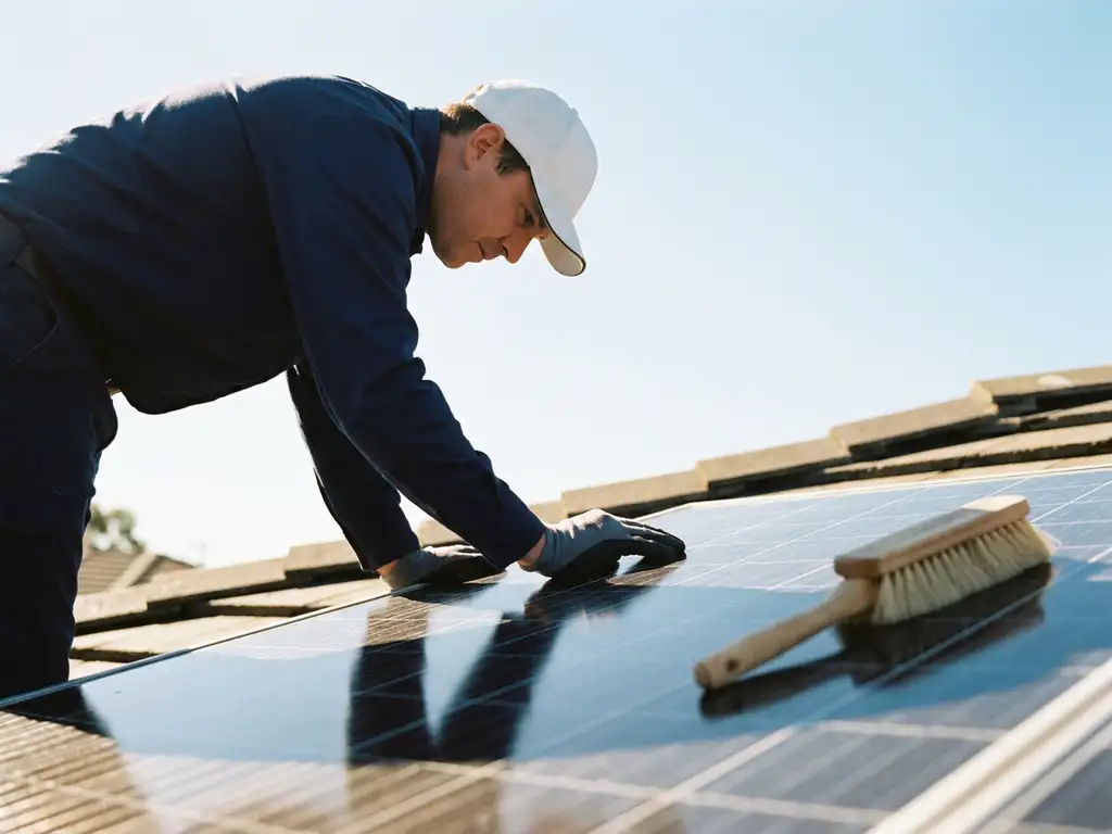 Technicus in werkkleding inspecteert zonnepanelen op zonnig dak met zachte reinigingsborstel en blauwe lucht op de achtergrond.