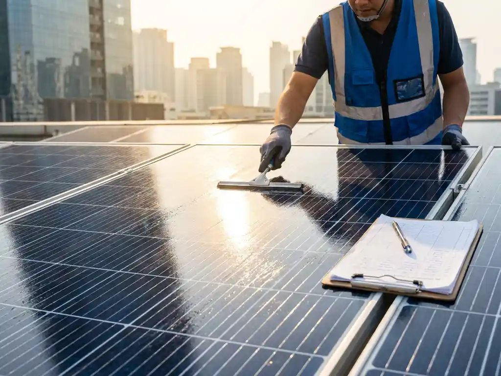Technicus reinigt zonnepanelen op commercieel dak met klembord en stadssilhouet op de achtergrond.